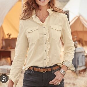 Sundance Ruffle Corduroy Pearl Snap Blouse In Ivory Size Medium